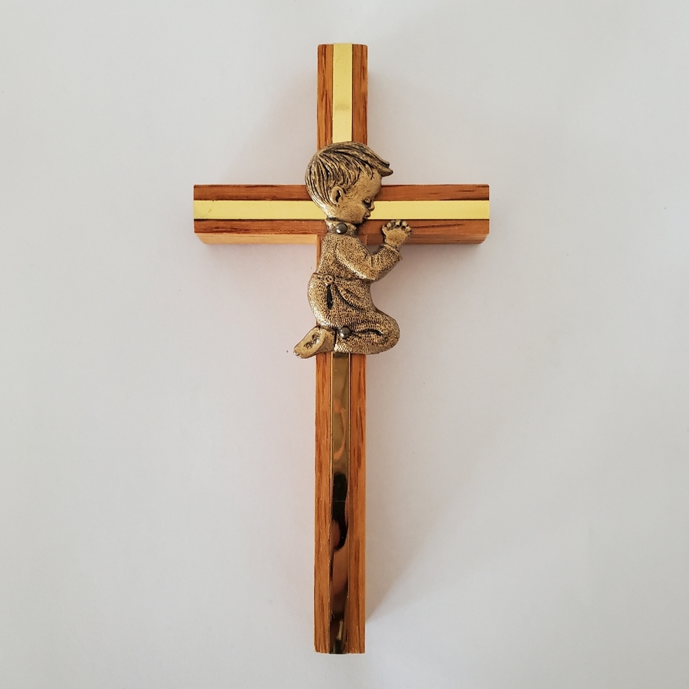 Vintage Oak Wood Brass Accent Cross Praying Little Boy 3"x6" Religious Baptism